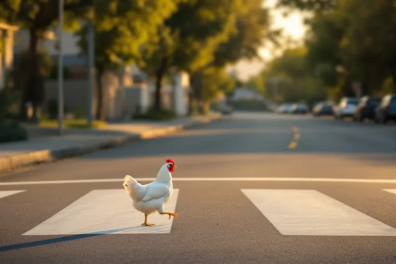 Una gallina cruzando una calle tranquila al atardecer