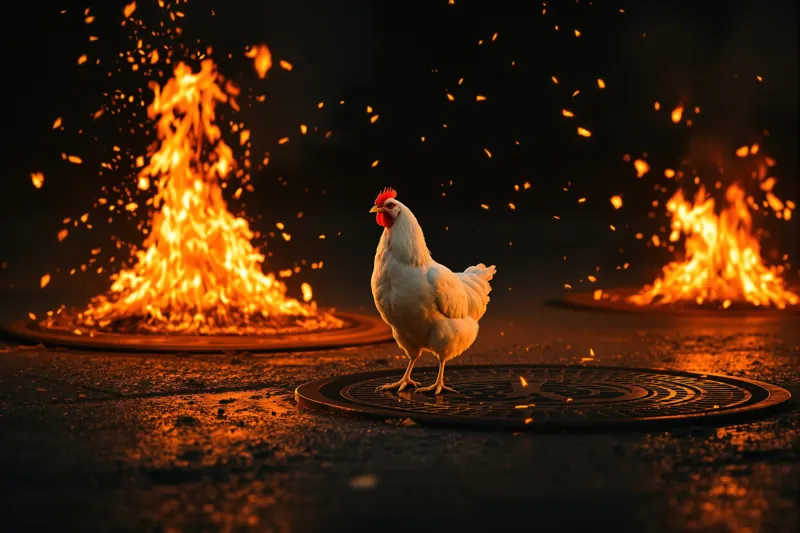 Una gallina rodeada de fuego que sale de tapas de alcantarilla